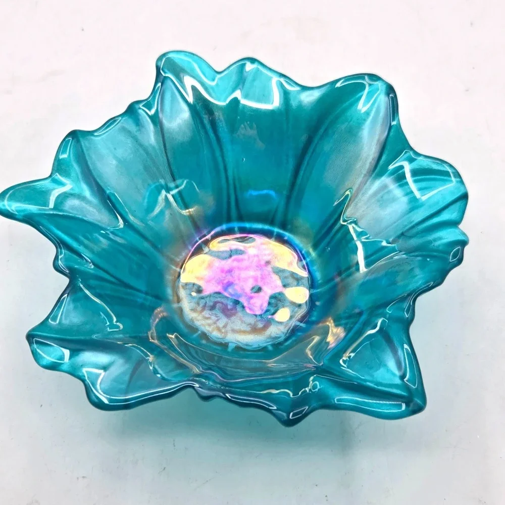 Akcam Blue Iridescent Turkish Floral Art Glass Bowl‎ Cottage Core - Picture 5 of 5